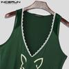 INCERUN Summer Men Deep V Neck Sleeveless Lace Hem Print Casual Tank Tops