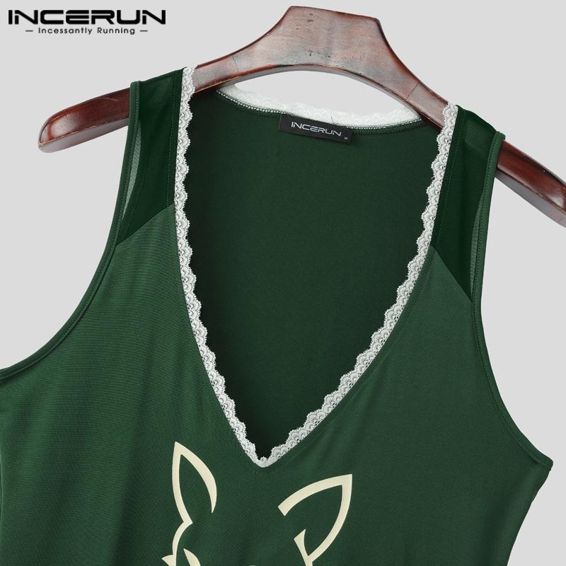 INCERUN Summer Men Deep V Neck Sleeveless Lace Hem Print Casual Tank Tops