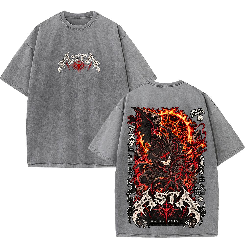 Asta Black Clover Manga Graphic T Shirt Vintage Washed Oversized Tee Streetwear Men Women Clothes Y2k Gothic 100% Cotton Tshirt