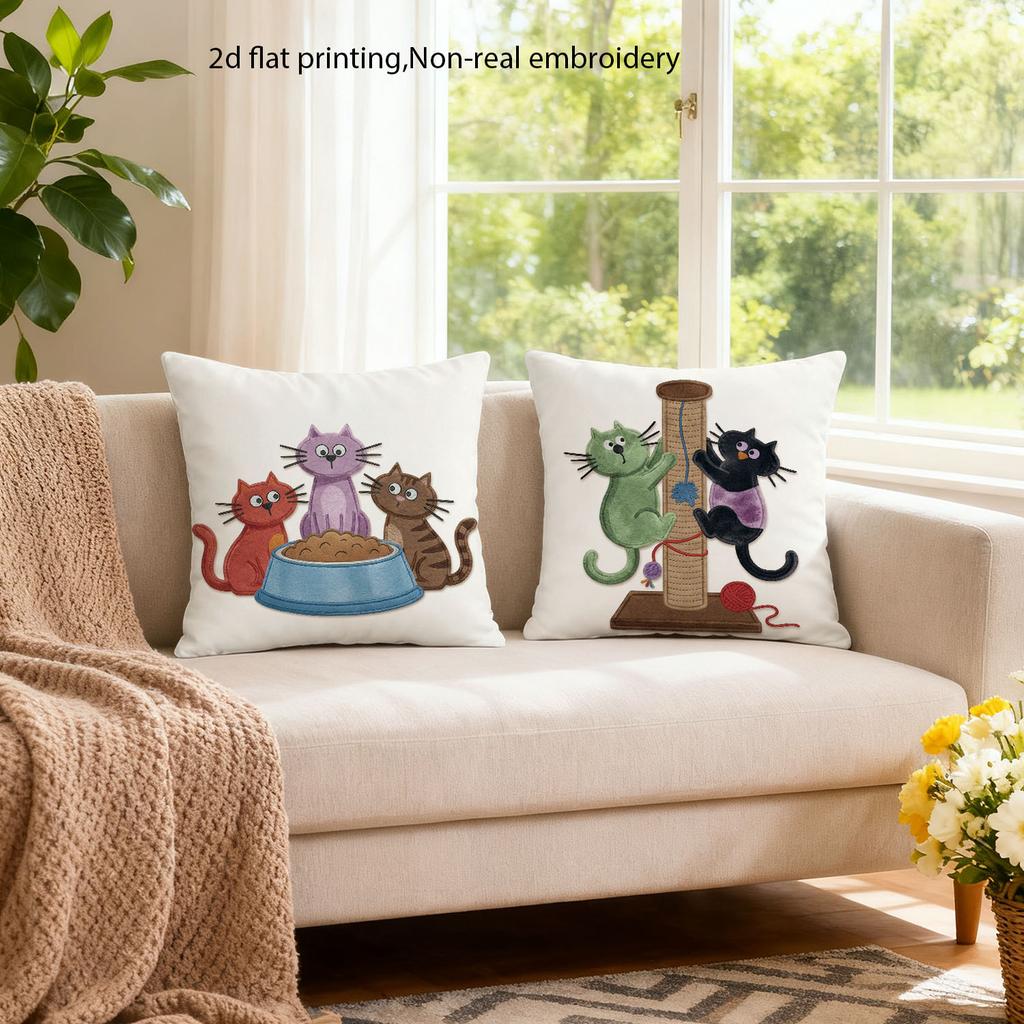 Double-Sided Printed Pillow Covers, Playful Cartoon Kittens With Yarn Scratching Post Print Cushion Cases Home Decor Living Room