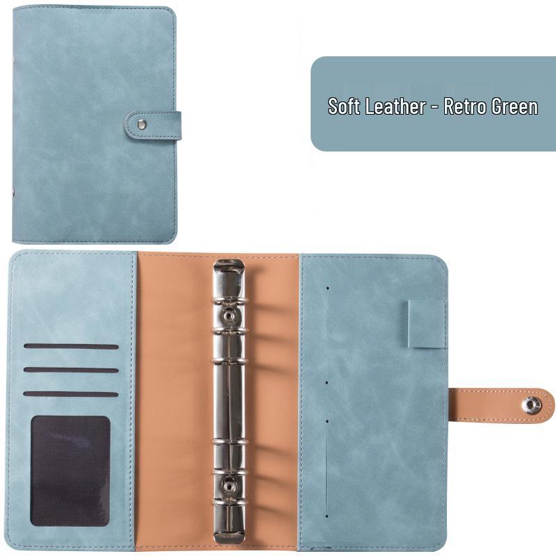 A6 Macaroon Leather Notebook Binder with 12 Refillable Zipper Pockets for Bills and Coins