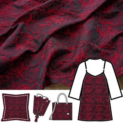 150x50cm Geëmbosseerd Zwart Donkerrood 3D Roos Jacquard Garengeverfd Vintage Bloemenstof Voor Damesjurk Pak Tas DIY Stof TJ7517