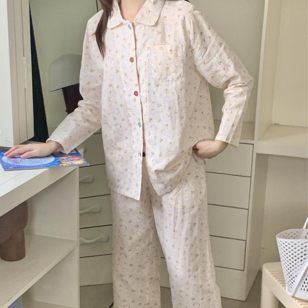 1011 New Cotton Double-layer Yarn Cute and Sweet Pajamas Cartoon Long-sleeved Trousers Soft Skin-friendly Loungewear Set