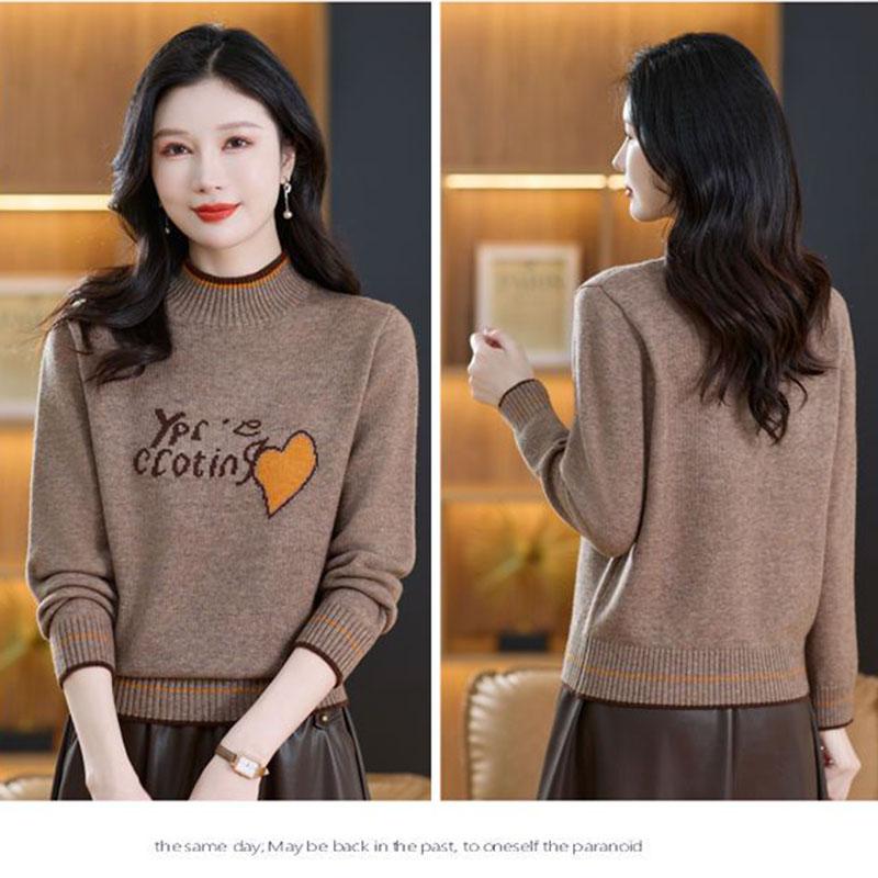 Women's Thickened Wool Sweater Autumn Winter Half-High Neck Printed Wool Sweater Loose Knit Pullover Top