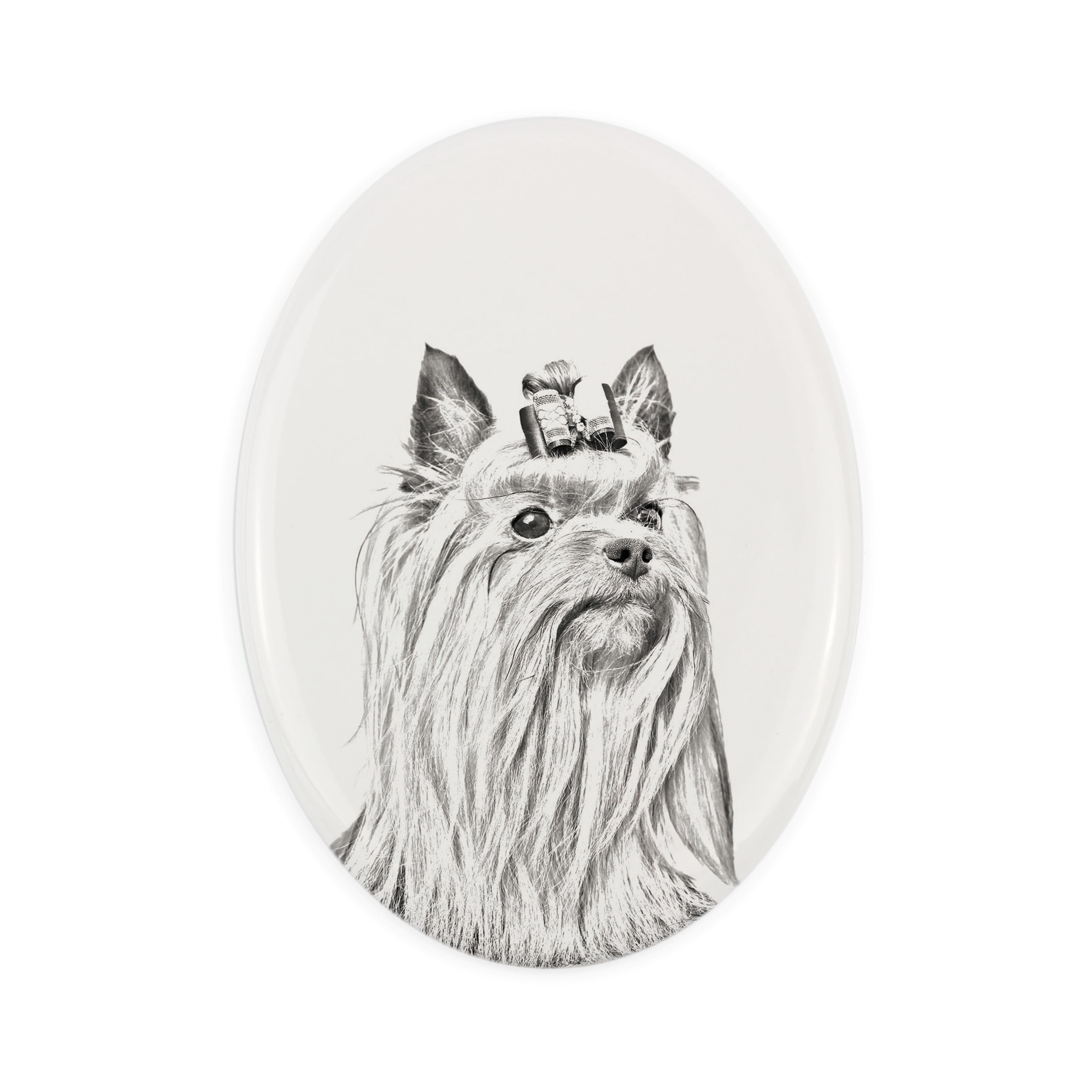 

Yorkshire Terrier, Yorkie - commemorative plaque with a photo of a dog, tombstone with a print, personalized oval plaque from the Art-Dog brand білий