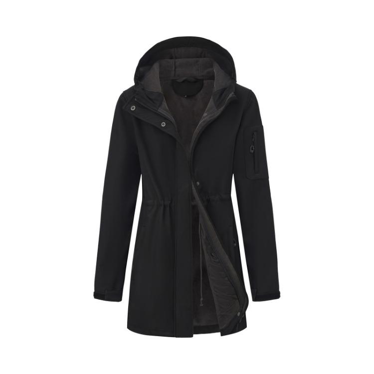 Fleece Jacket Hooded Coat Women Casual Windbreaker Long Sleeve Solid Color Pocket S чёрный