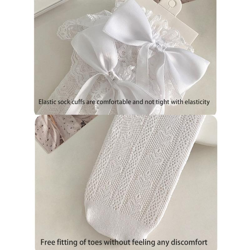 Japanese Style Ruffle Lace Trim Over the Calf Socks for Women Cute Ribbon Bowknot Hollowed Out Heart Fishnet Stockings