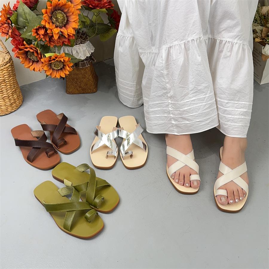 Johnature Flat Bottom Slippers Fashionable Rubber Anti Slip Comfortable Genuine Leather Women's Outdoor Slippers