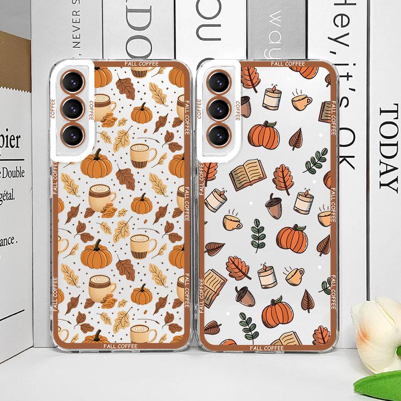 Fall Maple Leaf Pumpkin Coffee Transparent Phone Case for Samsung Galaxy S25 S24 S23 Ultra S22 S21 S20 Plus S24 FE 5G Soft Cover