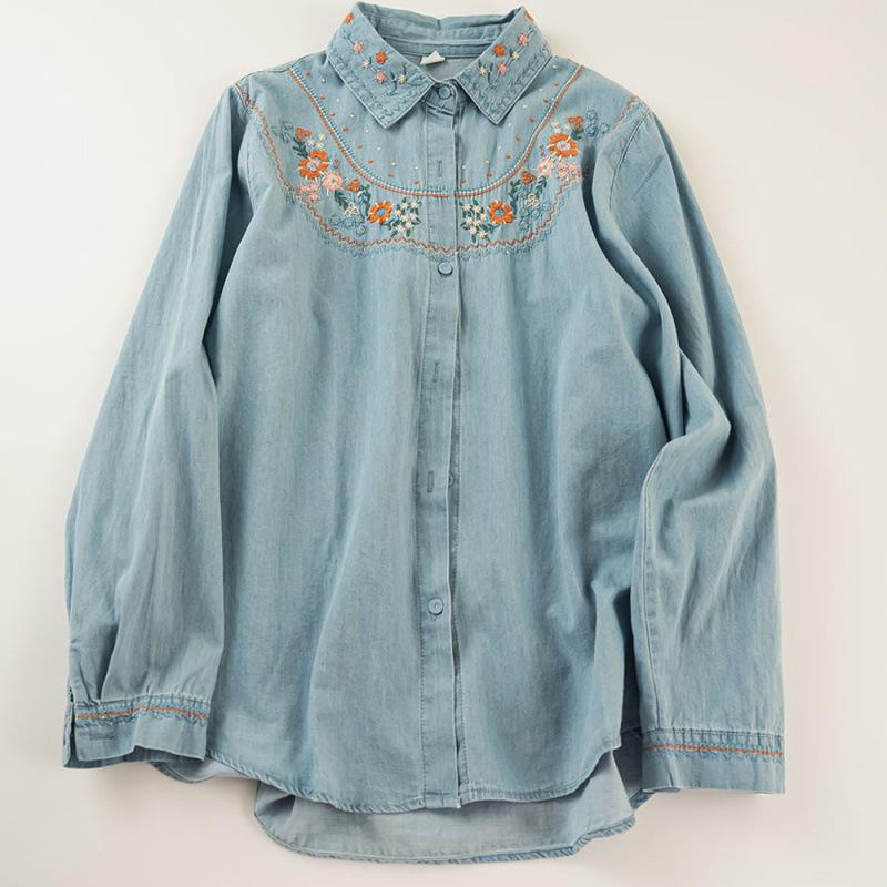 Women's Retro Cartoon Embroidered Cotton Denim Shirt - Long Sleeve, Casual Top for Spring/Autumn 2025