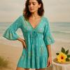 Vestido de Praia, Turquesa Dourado Coral Sari Nômade