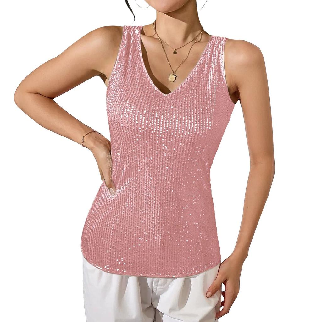 Damen Sexy Pailletten Tanktops Frühling Sommer Mode Glitzernde Ärmellose Shirts Party Glitzer Rundhals Tops Ausgehen