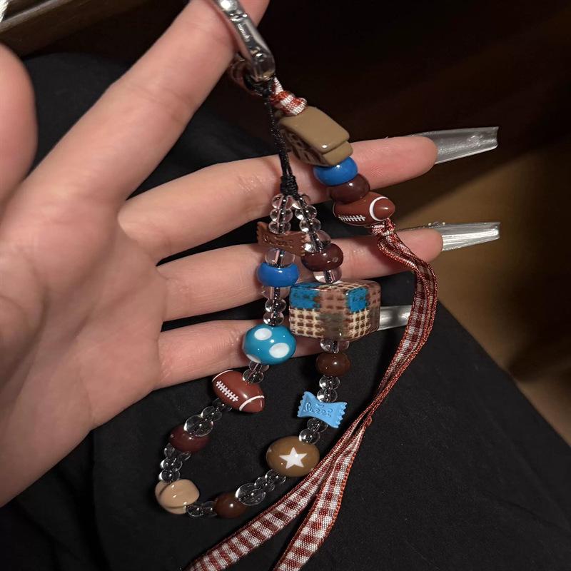 Ins Style Phone Chain Brown Square Rugby Phone Case Lanyard DIY Beaded Camera Chain Phone Anti-Lost Strap