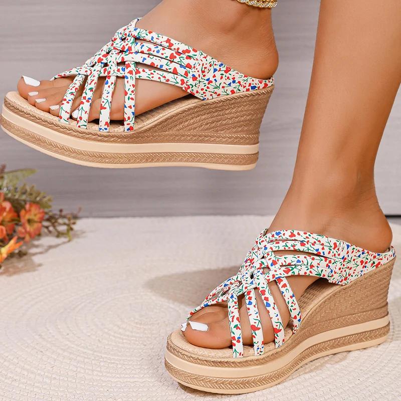 Fashion Luxury Women Sandals Floral Print Chunky Platform Women Shoe Plus Size Cross Strap Open Toe Sandals Ladies Non Slip Wedge Sandal