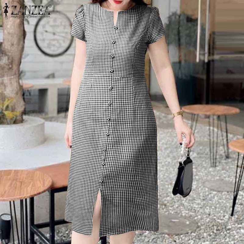 ZANZEA Women Casual Round Neck Summer Short Sleeve Grid Print Dress