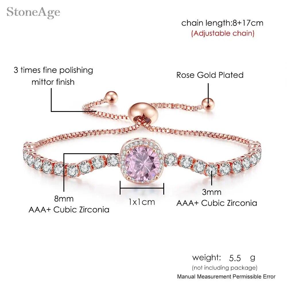 Pink Crystal Tennis Bracelets for Women Female Trend Romantic Shiny Zirconia Adjustable Folding Buckle Chain On Hand Jewelry