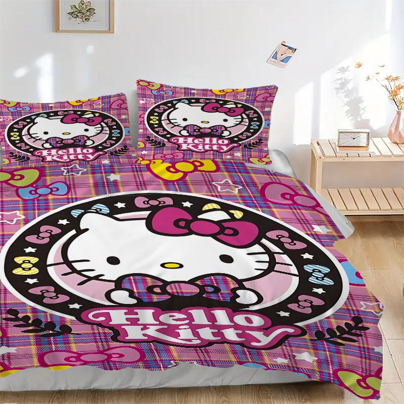 

3pcs Hello Kitty Plaid Printed Duvet Cover Set (1 * Cover+2 * Pillowcase, Without Core), Suitable for Home Bedroom, Guest Room, Dormitory Decorat 135x200cm