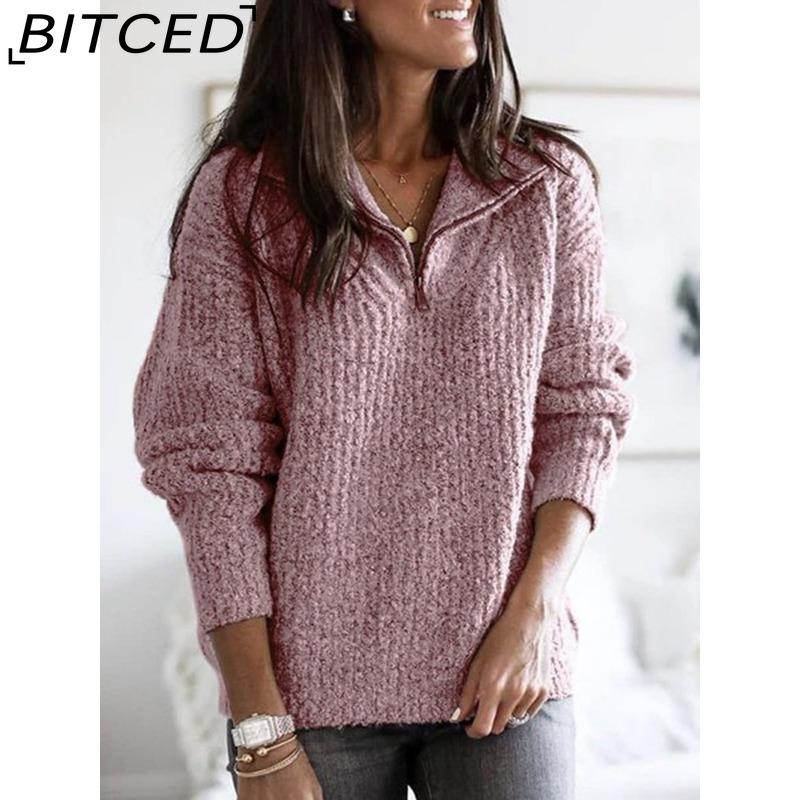BITCED Women's Fashion Casual Solid Color Print Autumn Winter Long Sleeve Zip Collar Loose Sweaters