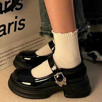 Französische Mary Jane Schuhe mit hohen Absätzen für Damen, Retro, Ein-Knopf-Schnalle, Vielseitige Schleife, Dicksohlige Leder-Pumps mit Blockabsatz