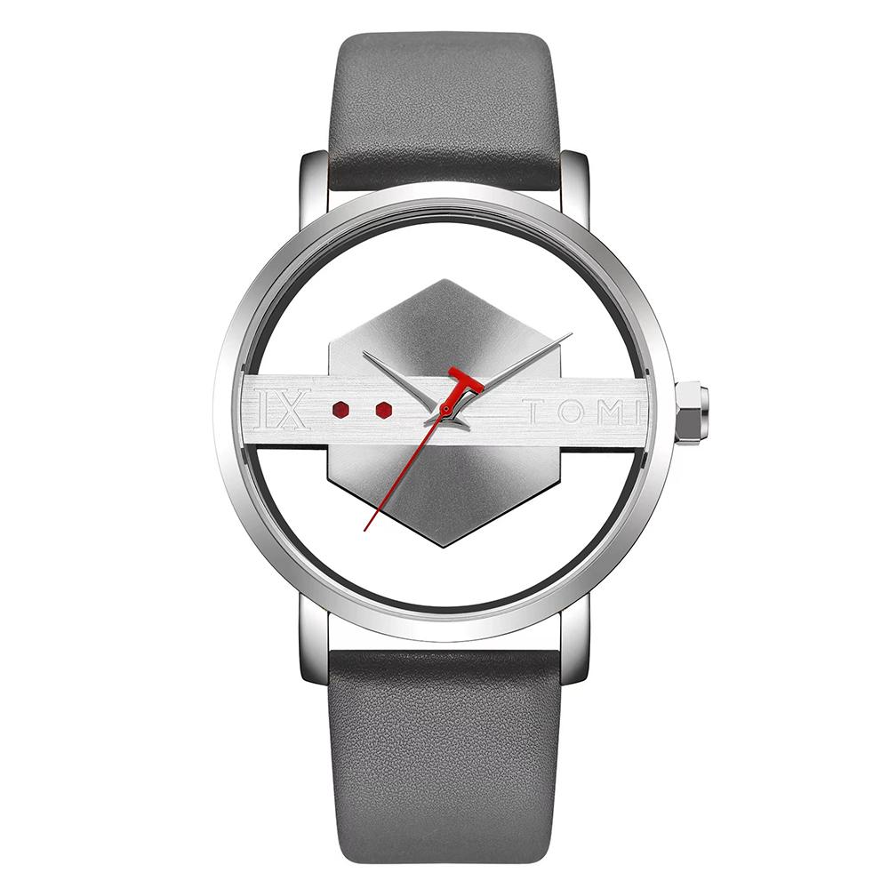 

Fashionable and Minimalist Men s Leather Watch Strap Personalized Hollow Perspective Glass Bottom Cover Quartz Watch серый