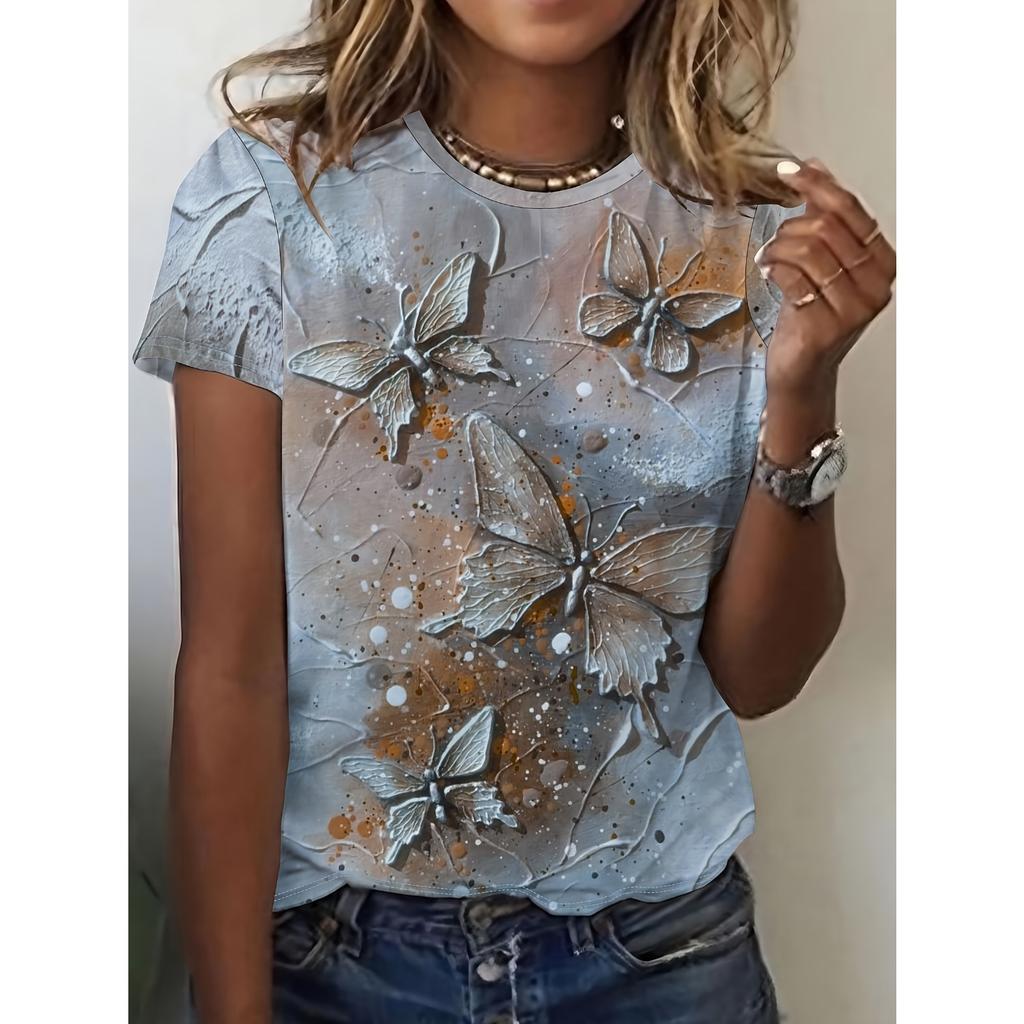 Summer Fashion Ladies T Shirt Beautiful Floral Pattern Printed Tee Round Neck Short Sleeve Regular Tops Women's T-Shirt