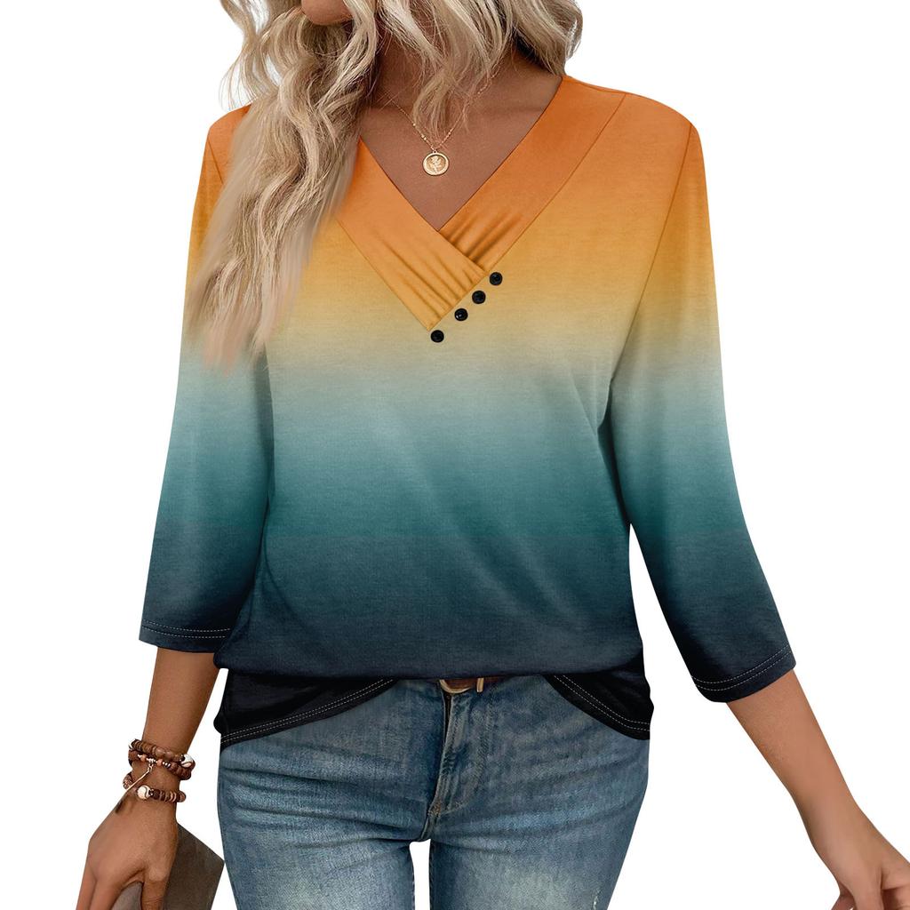 Womens 3/4 Sleeve Daily Weekend V Neck Casual Printed Tshirts Loose Fit Pleated Tees Button Down Shirts