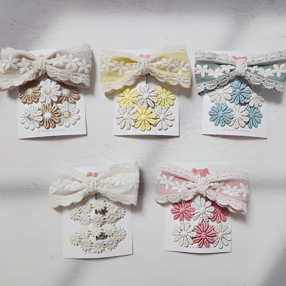 3PC Korean Ribbon Lace Hair Clip Set – Embroidered Daisy & Lace Design – Cute Gift for Girls – 5 Colors Trending Hair Accessories
