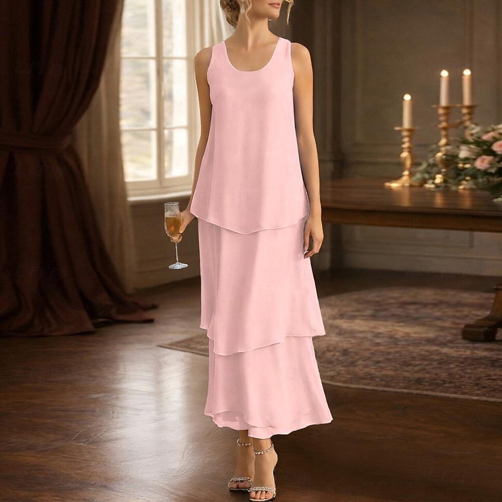 Sleeveless Layered Maxi Dress for Women Scoop Neck Loose Fit Tiered Chiffon Long Dress Elegant Flowy Summer Outfit