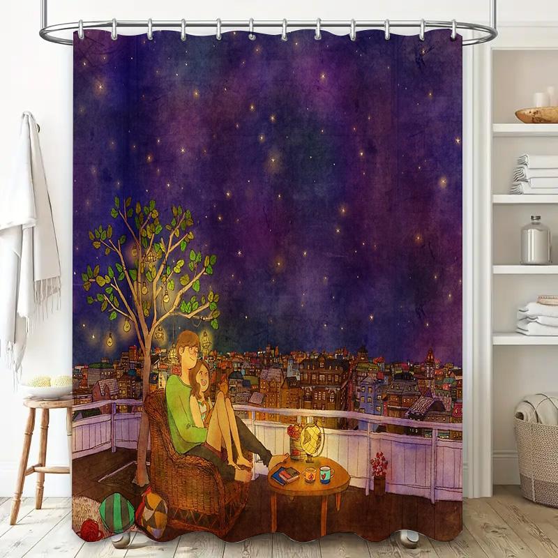 Anime Couple Landscape Shower Curtain Romantic City View Decor Bathroom Fabric Backdrop Wall Tapestry Home Decor