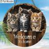 2D Flat Tree Hole Cat Wooden Hanging Hanging, Welcome Home Round Sign, Front Door Wall Hanging Decoration Ideal for Home Decoration