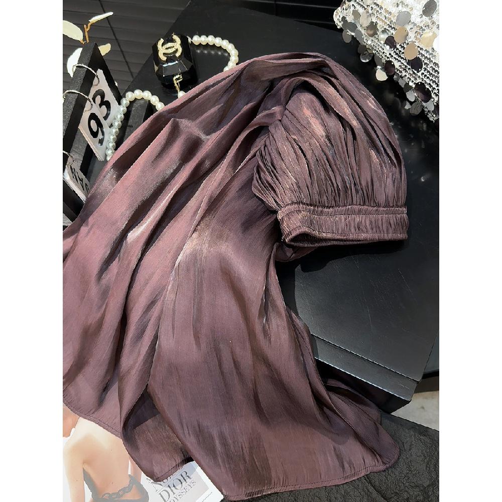 Retro Style Fashionable Pleated Drooping Slimming High Waist A- Line Skirt High-Grade Glossy Pearlescent Chiffon Pleated Skirt