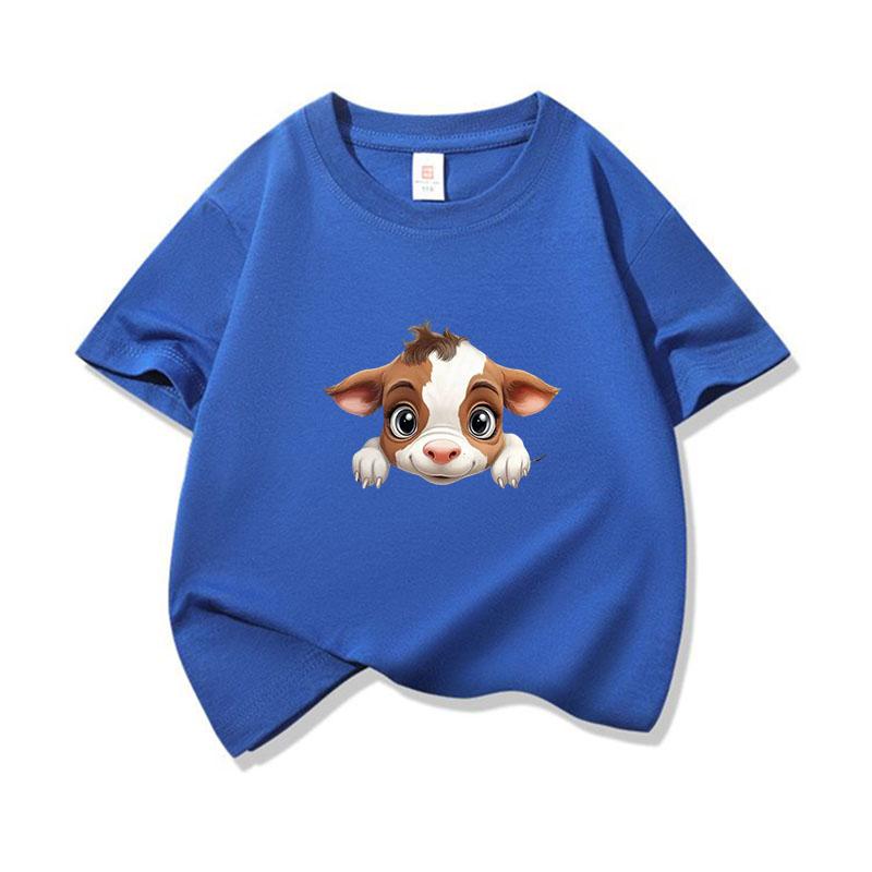 Kids Cotton T Shirt Light Brown Baby Cow Peeking Print Crew Neck Short Sleeve Tee Casual Boys Girls Summer Tops