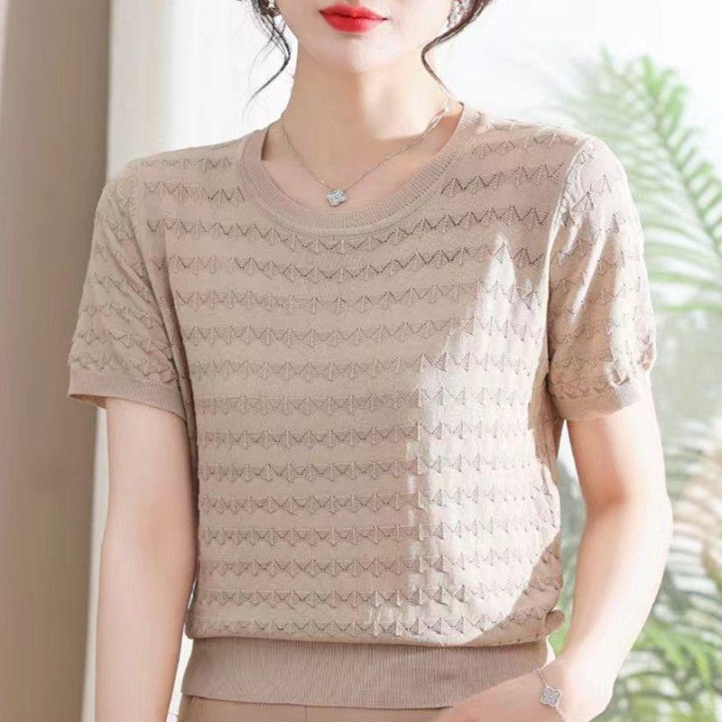 Summer Women New Shoulder Ice Silk Short-sleeved T-shirt Loose and Versatile Foreign Style Thin Bottoming Top Ins Trend