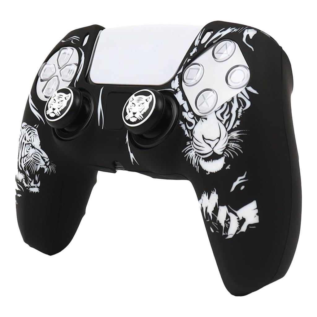 RALAN PS5 Controller DualSense Compatible with Silicone Joystick Perfect Ergonomic Design and White Caps, Anti-Slip, Black, Fit, (Black Tiger)