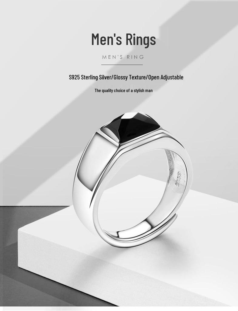 925 Sterling Silver Men's & Women's Open Ring with Black Agate - Elegant and Unique Design