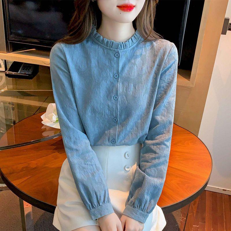 

Women s Ruffled Mock Neck Blouse Long Sleeve Button-Up Casual Shirt S синій