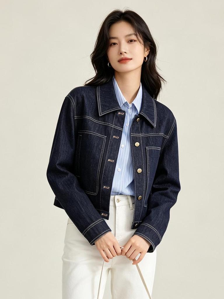 Xin Ge Retro Color Block Denim Jacket - High Waist, Slim Fit, Versatile Commuting Top