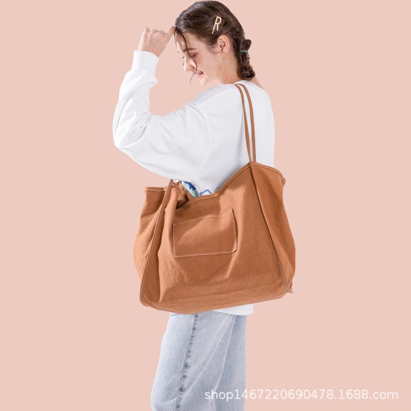 Solid Color Canvas Bag Women'S Large-Capacity Bag Korean Lazy Wind Shoulder Bag Washing Water Bag