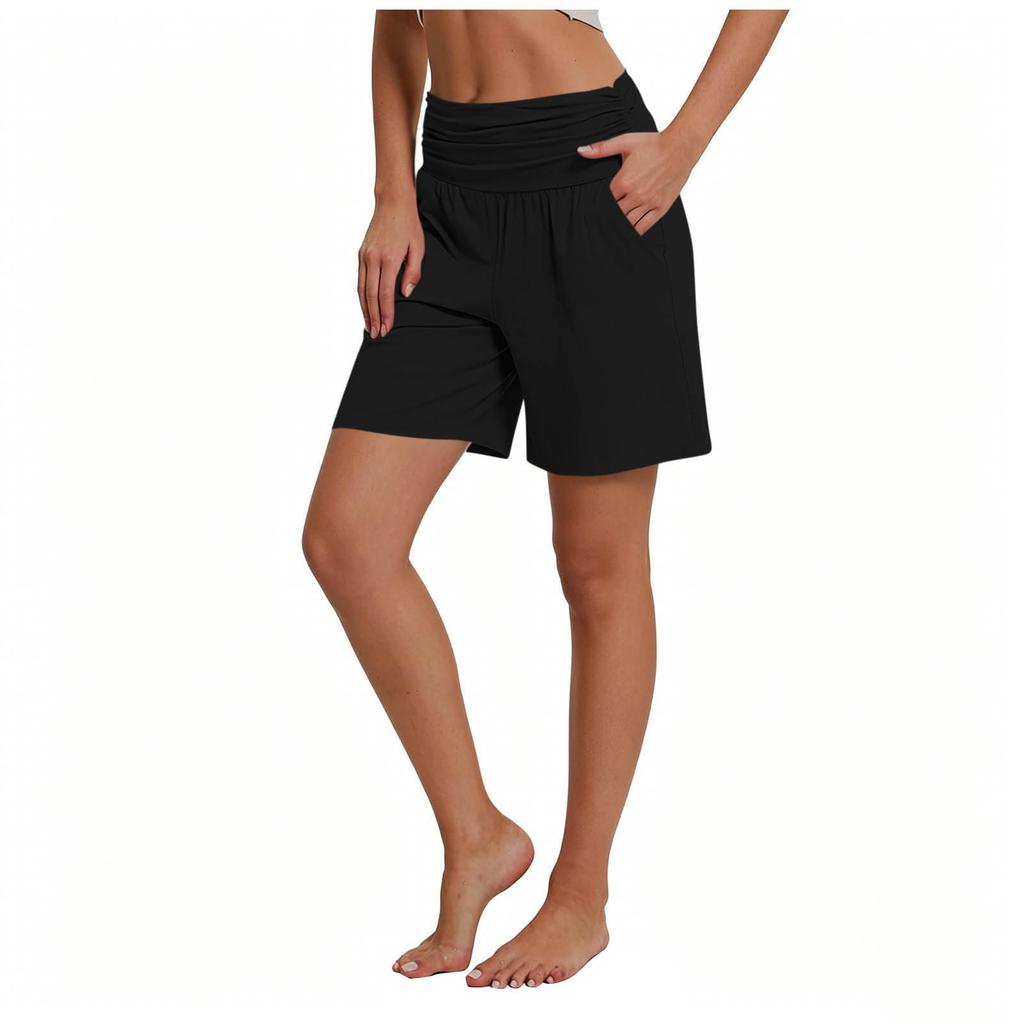 Women's Casual High Waist Elastic Shorts with Pockets Comfortable Lightweight Soft Fabric Mid Length Lounge Shorts for Daily Wear