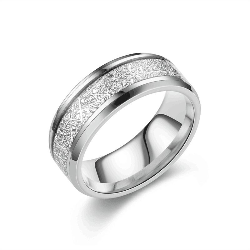 8mm Width Meteorite Stone Pattern Inlaid Silver Color Steel Ring Couple Wedding Band Engagement Jewelry