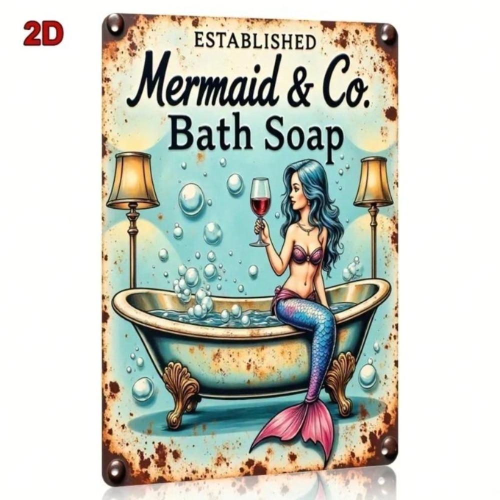 Vintage Mermaid Bath Tub Tin Sign, Rustic Metal Poster Wall Art Decor 8x12 Inch for Kitchen