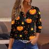 Women's Casual Halloween Print V Neck Button Front Three Quarter Sleeve T Shirt Top Lightweight Comfortable Fall Shirt