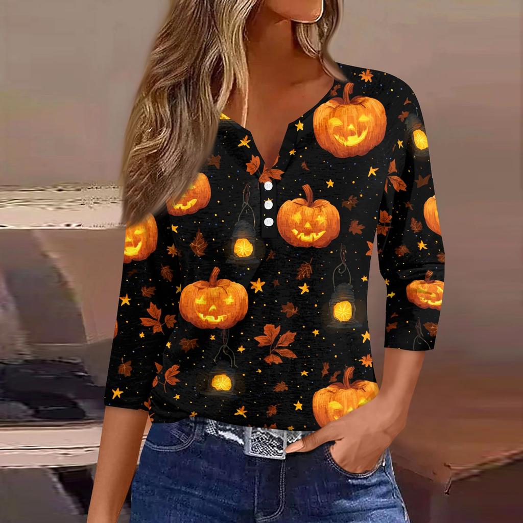 Women's Casual Halloween Print V Neck Button Front Three Quarter Sleeve T Shirt Top Lightweight Comfortable Fall Shirt