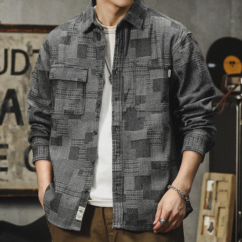 Spring and Autumn New Men's Long-sleeved Plaid Denim Loose Casual Shirt Jacket
