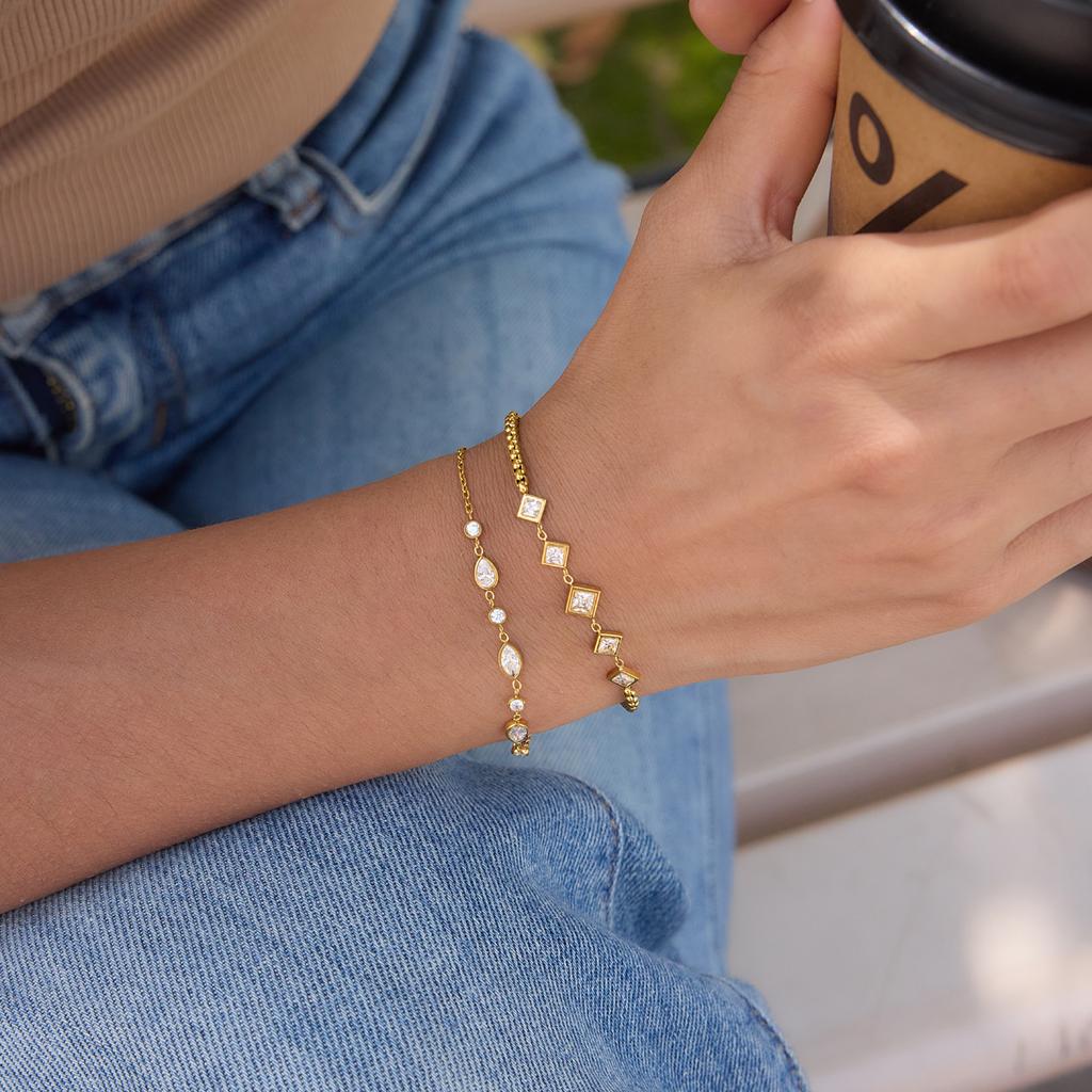 Youthway 18K Gold PVD Plated Geometric Zircon Chunky Bracelets For Women New Stainless Steel Waterproof Cuff Bracelets Jewelry