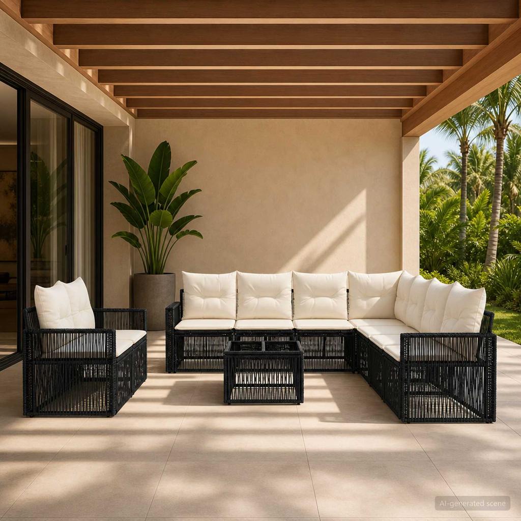 Garden Sofa Set 10 Pcs Black and Cream White Poly Rattan
