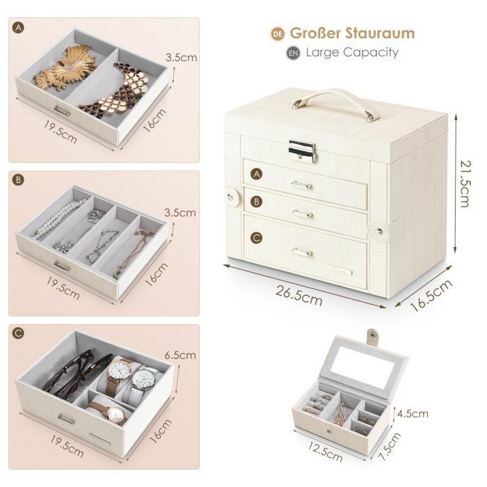 Yorbay Boîte à Bijoux Grande Coffret à Bijoux Verrouillable avec Miroir 4 Étages 3 Tiroirs Doublure en velours avec Boîte de voyage