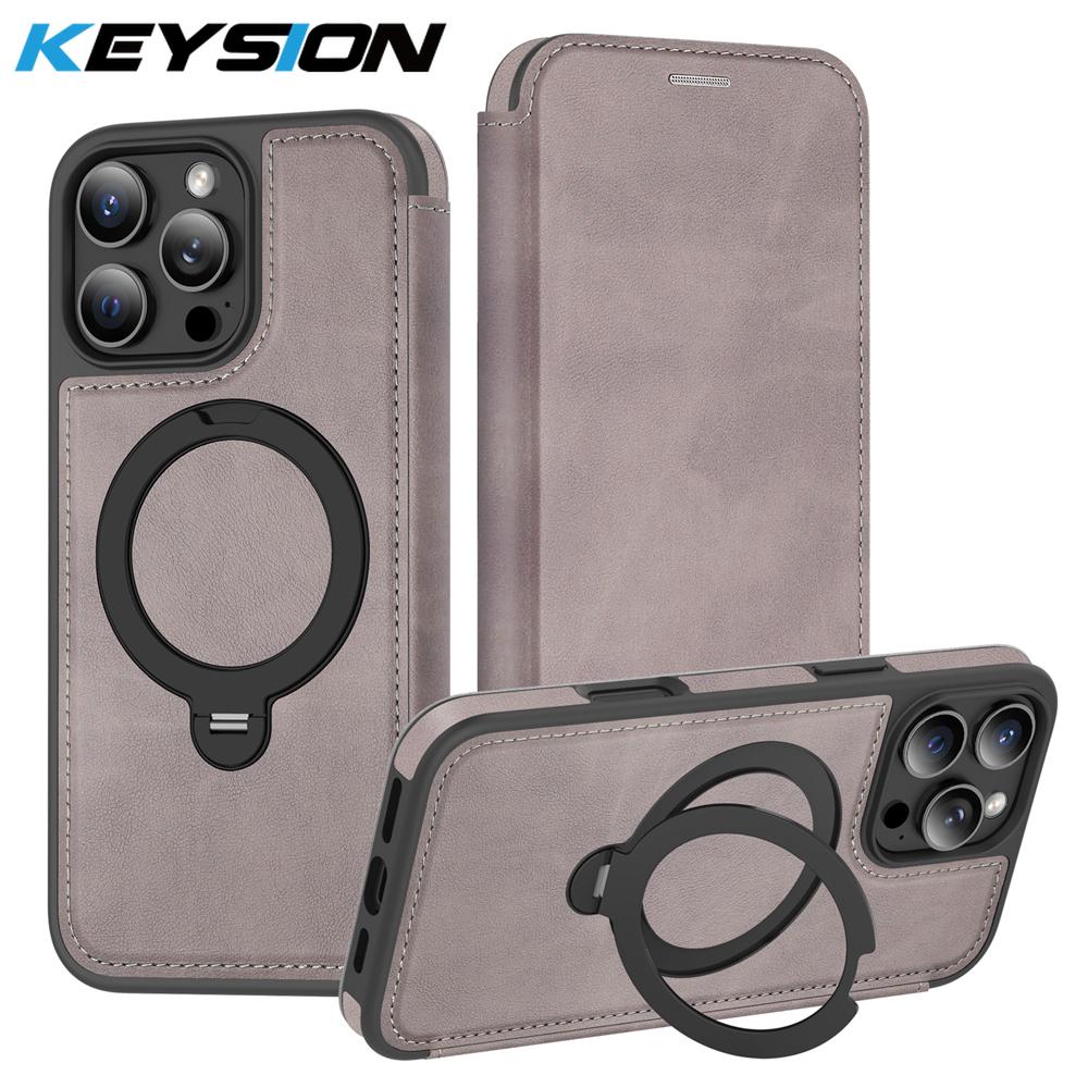 KEYSION PU Leather Flip Wallet Case for iPhone 11 12 13 14 Pro Max 14 Plus Cards Slots Magnetic 360 Ring Stand Phone Back Cover