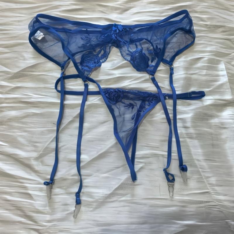 Plus Size Back Hasp Embroidery Floral Garter Suspender Belt With G Strings For Stockings Women Sexy Mesh Transparent Lingerie