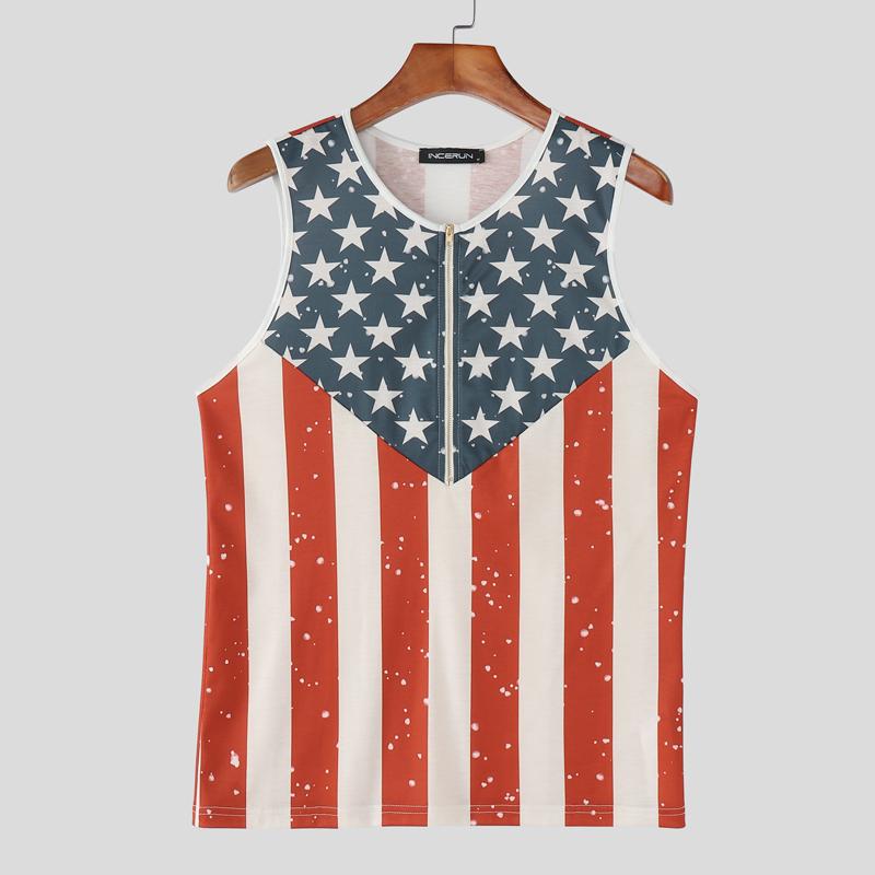 

INCERUN Men Zip-up Sleeveless Striped Print Casual Loose Tank Tops 4XL красный